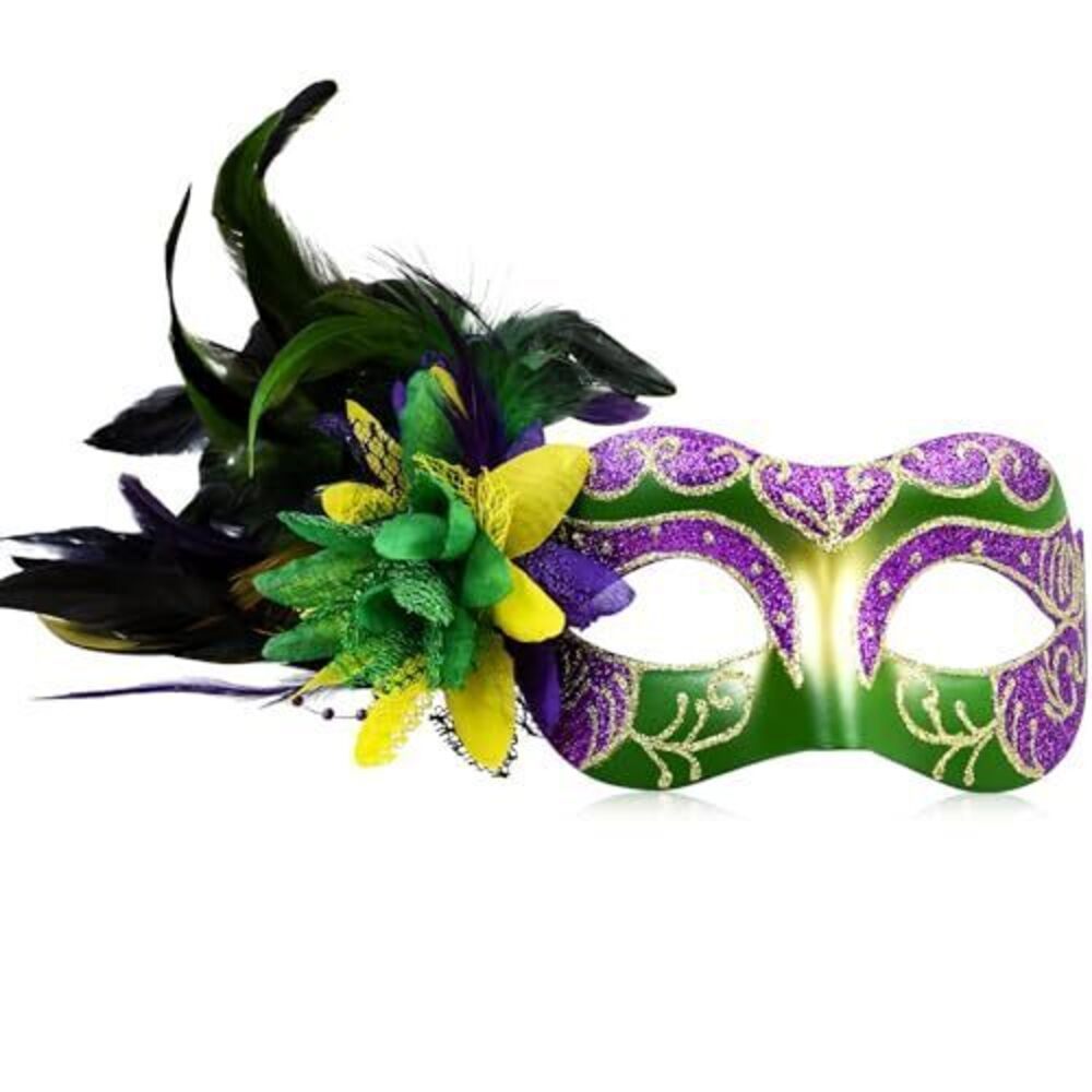 3916 1 PCS Mardi Gras Mask with Feathers, Green Carnival Masquerade Mask